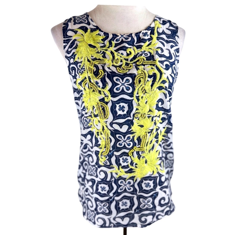 Desigual L Lacroix Blue White Tile Print Beaded Embroidered Sleeveless Top Small